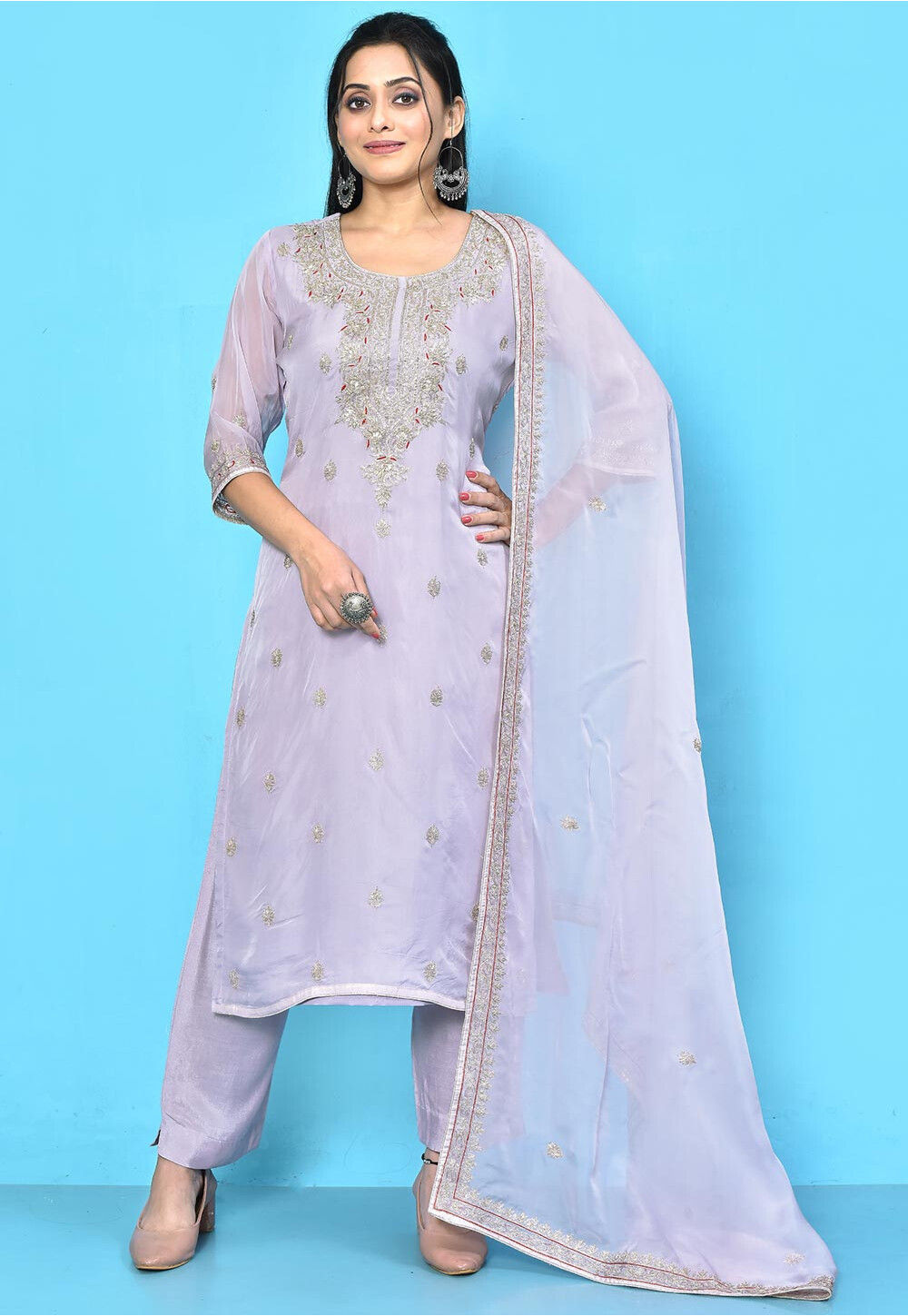 Beige & Purple Viscose Organza Embroidered Salwar Suit