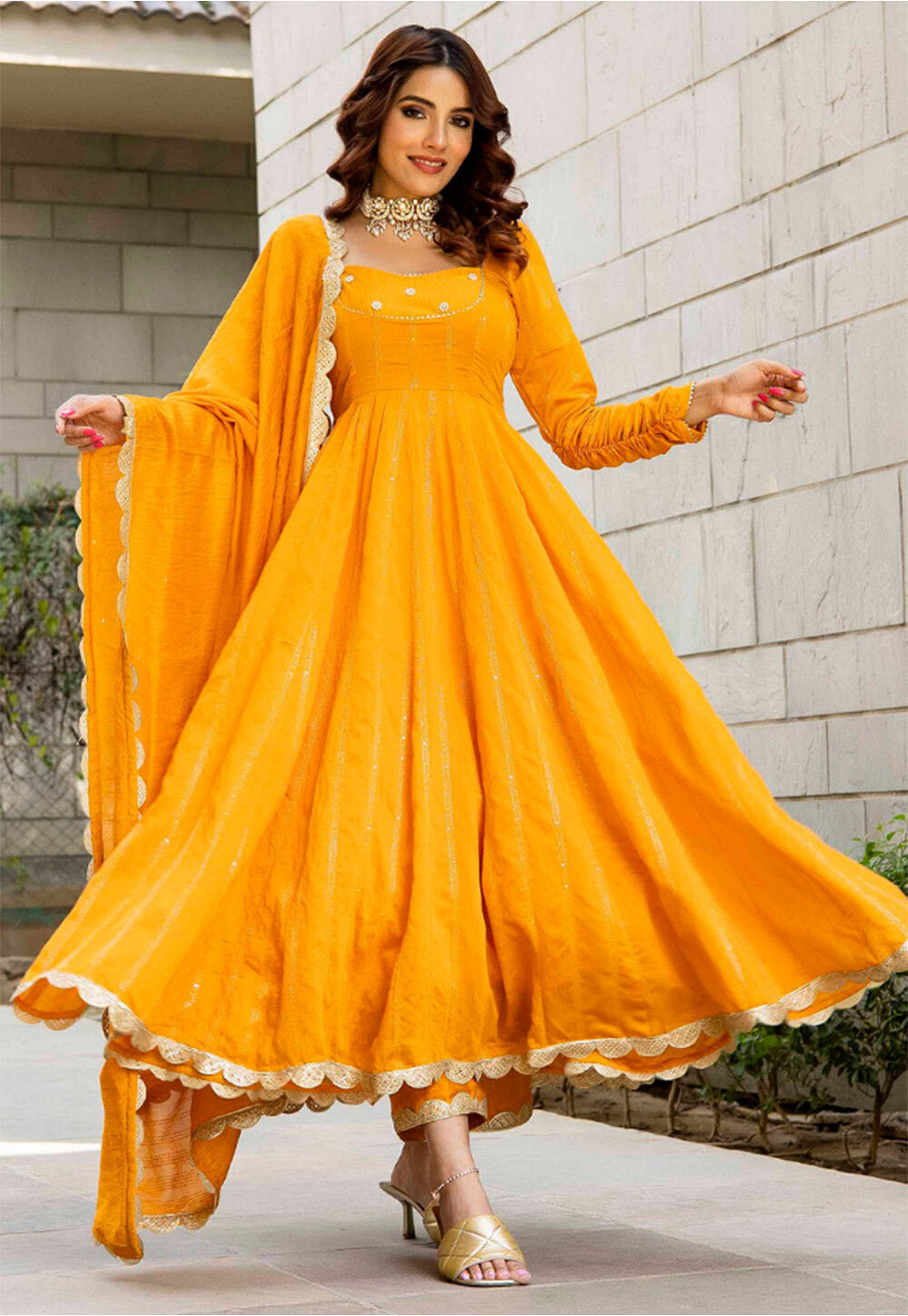 Hand Embroidered Pure Chanderi Silk Jacquard Anarkali Suit in Mustard