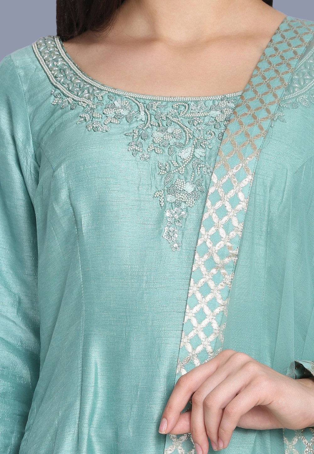 Buy Hand Embroidered Pure Chanderi Silk Pakistani Suit in Light Blue ...