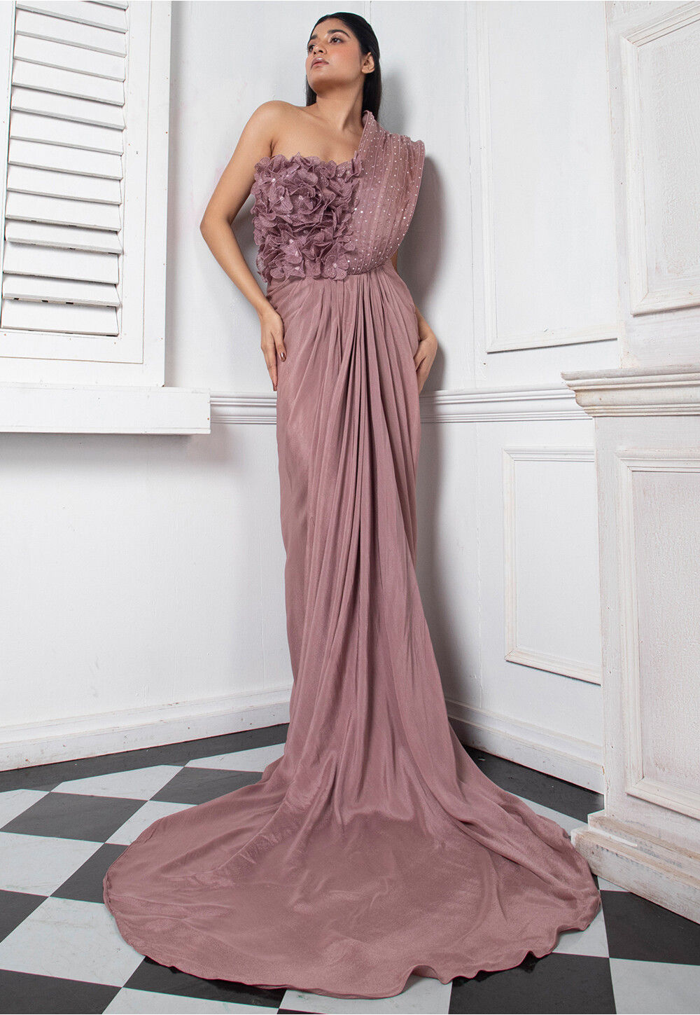 Buy Hand Embroidered Pure Chinon Chiffon Drape Gown in Old Rose