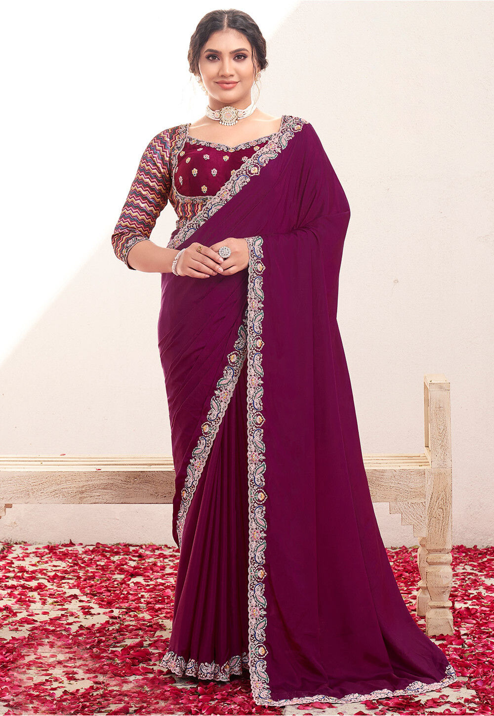 Buy Hand Embroidered Pure Crepe Saree in Violet Online SBHA3743
