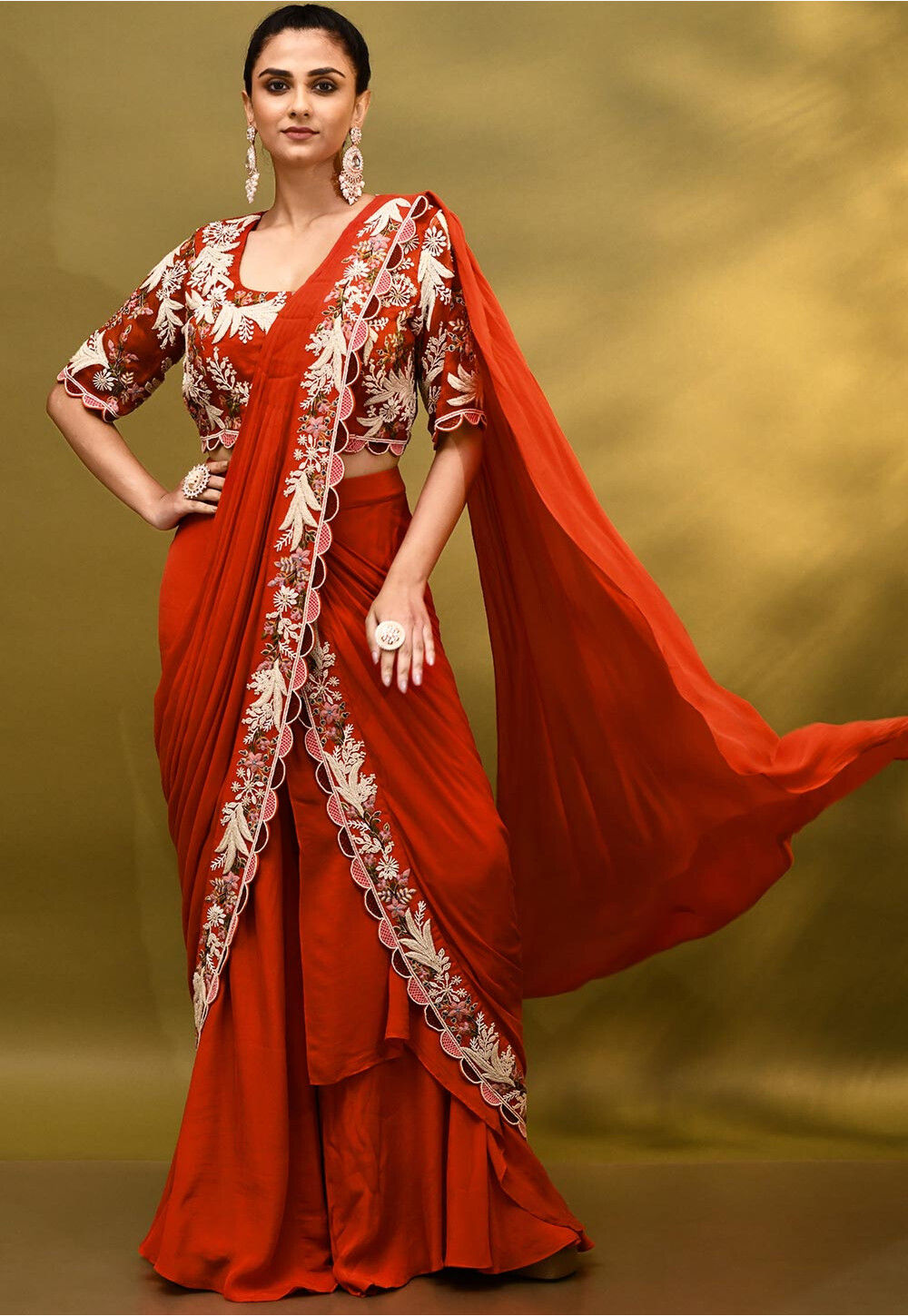 Hand Embroidered Pure Tissue Silk Crop Top Set with attached Dupatta in Red