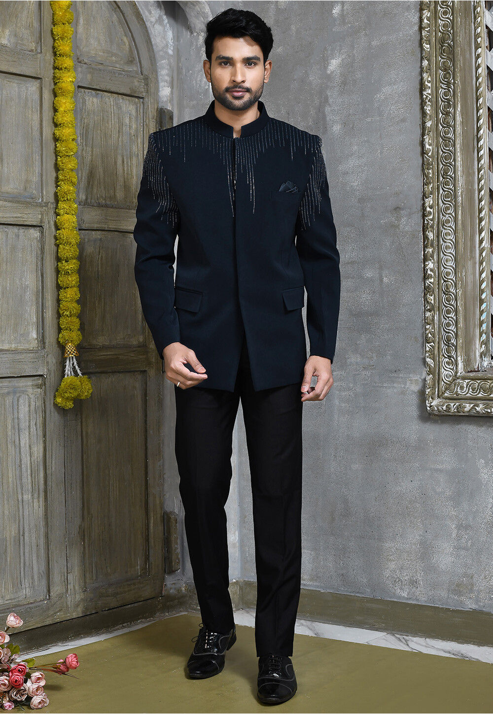 Buy Hand Embroidered Suede Jodhpuri Suit in Navy Blue Online MTX3362 Utsav Fashion