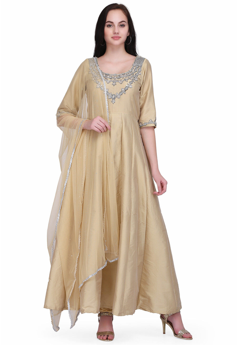 Soft Taffeta Silk Grey Anarkali Suit Without Bottom main image 1