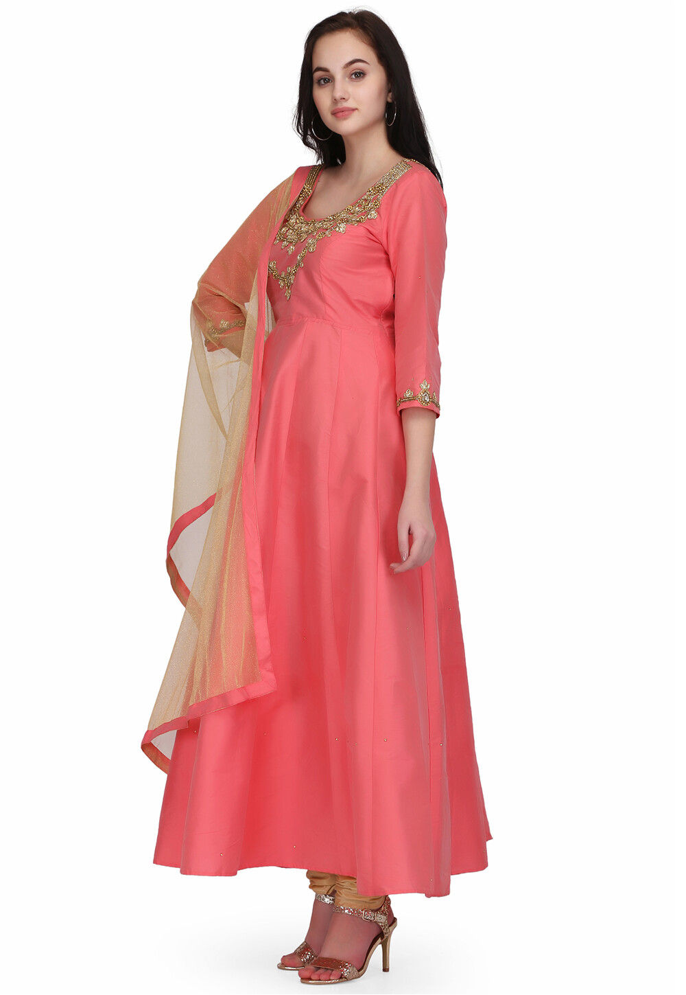 Moon White & Pink Chiffon Full flair Anarkali suit with Hand embroidery Work on neck