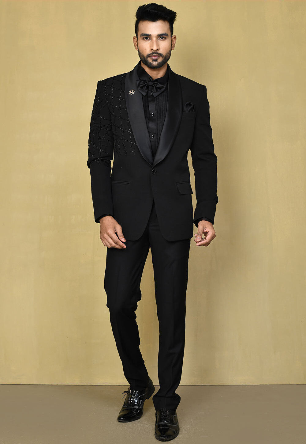 Hand Embroidered Terry Rayon Tuxedo in Black : MTX3063
