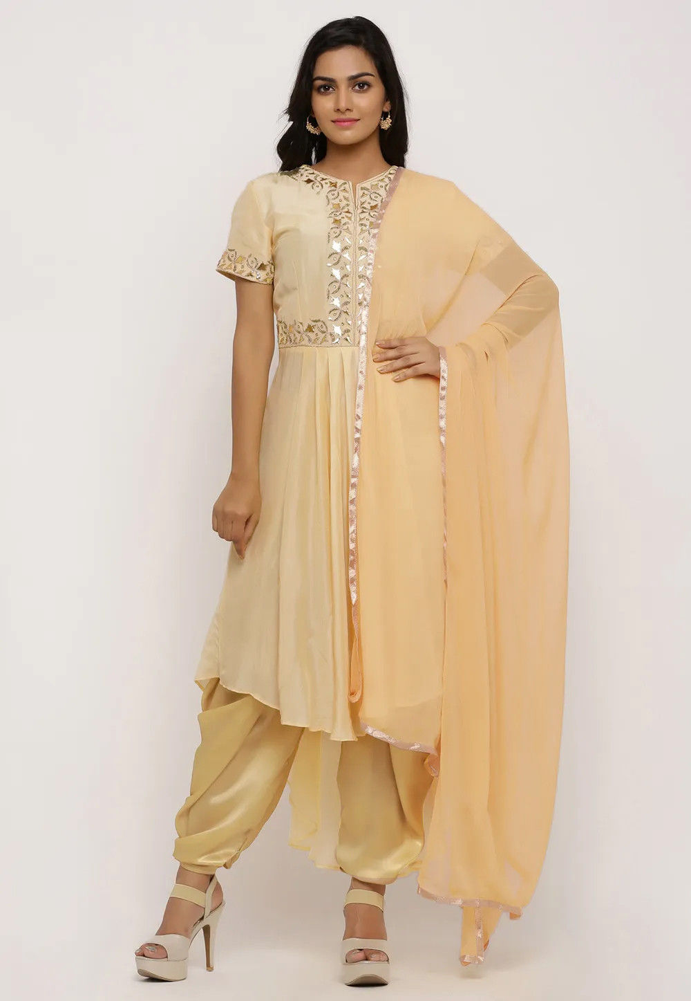 Hand Embroidered Uppada Silk Pleated Punjabi Suit in Yellow KJN3707