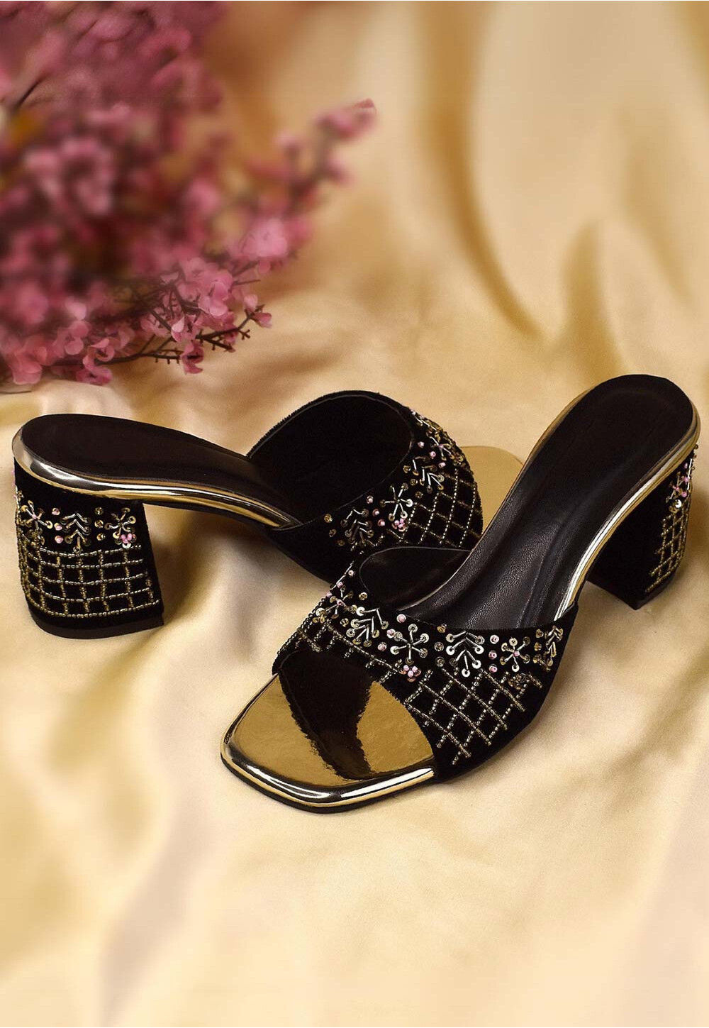 Buy Hand Embroidered Velvet Heels in Black Online DBL144 Utsav