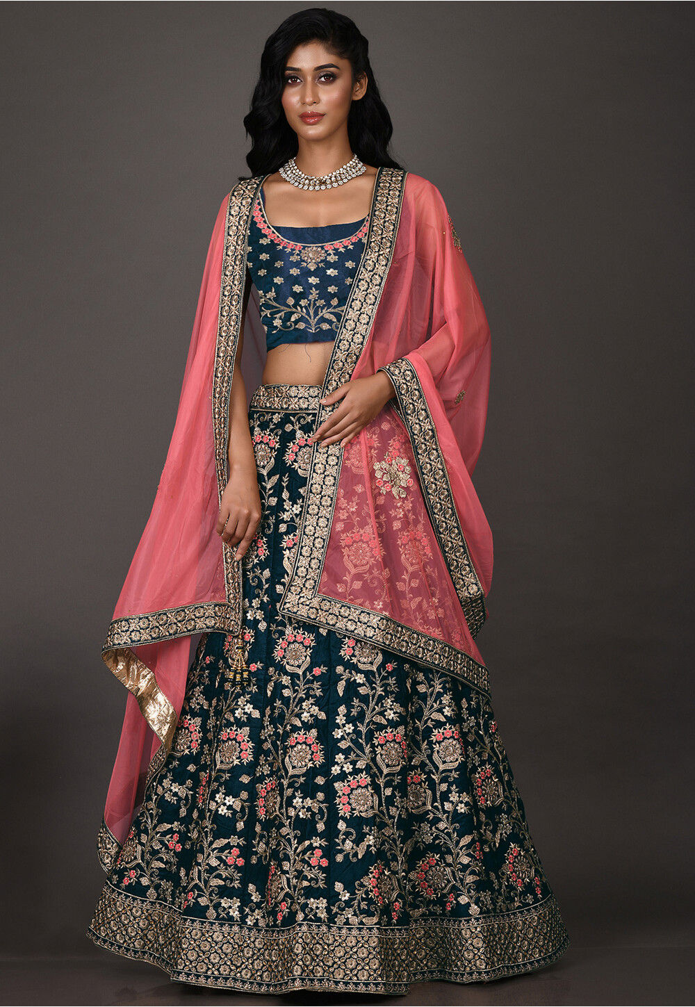 Mitera Navy Blue & Pink Woven Design Semi-Stitched Lehenga & Unstitched  Blouse with Dupatta - Absolutely Desi