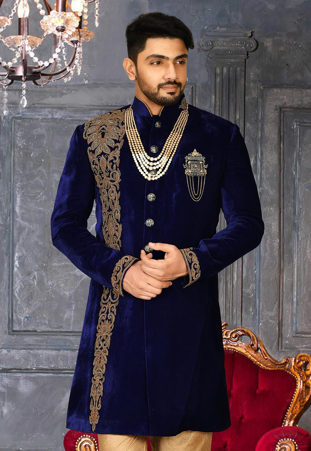 Blue and gold discount sherwani