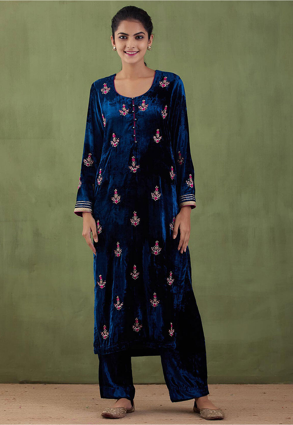 Women Royal Blue Velvet Emb V-Neck Short Kurta With Palazzos