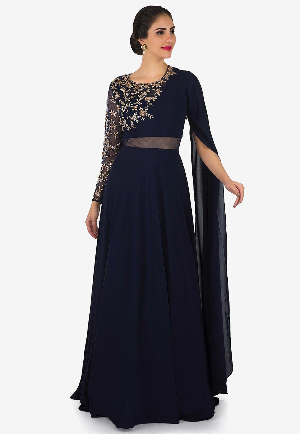 Buy Hand Embroidered Viscose Georgette Sheer Back Gown in Navy Blue ...