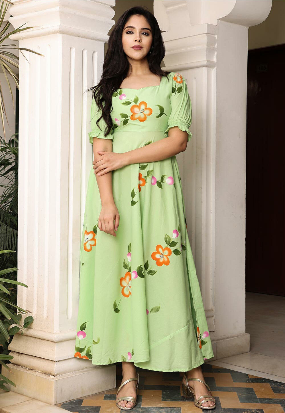 Mustard Georgette Tiered Dress With Printed Designs And Hand Embroidery at  Soch