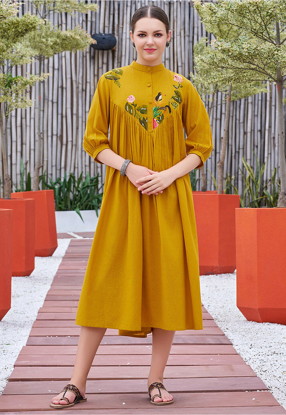Hand Painted Cotton Midi Dress in Mustard
