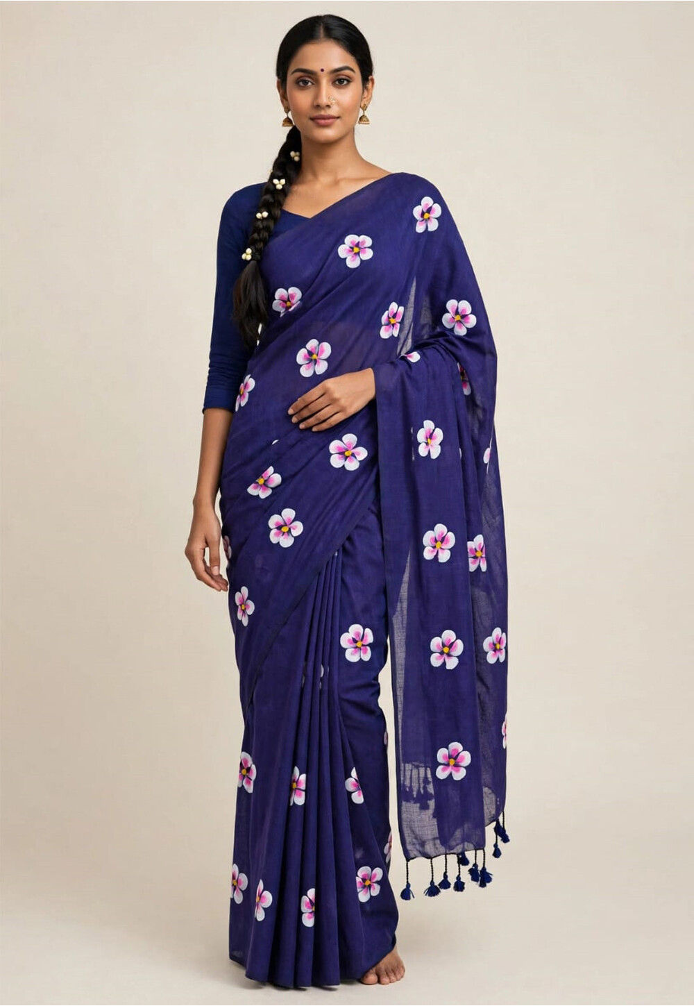 Buy Hand Painted Cotton Saree in Navy Blue Online : SFF4209 - Utsav Fashion