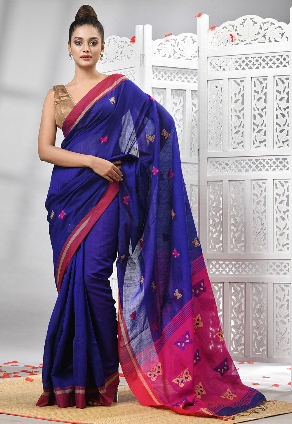 Buy Navy Indigo Blue Hand Bird Printed Mulmul Cotton Saree