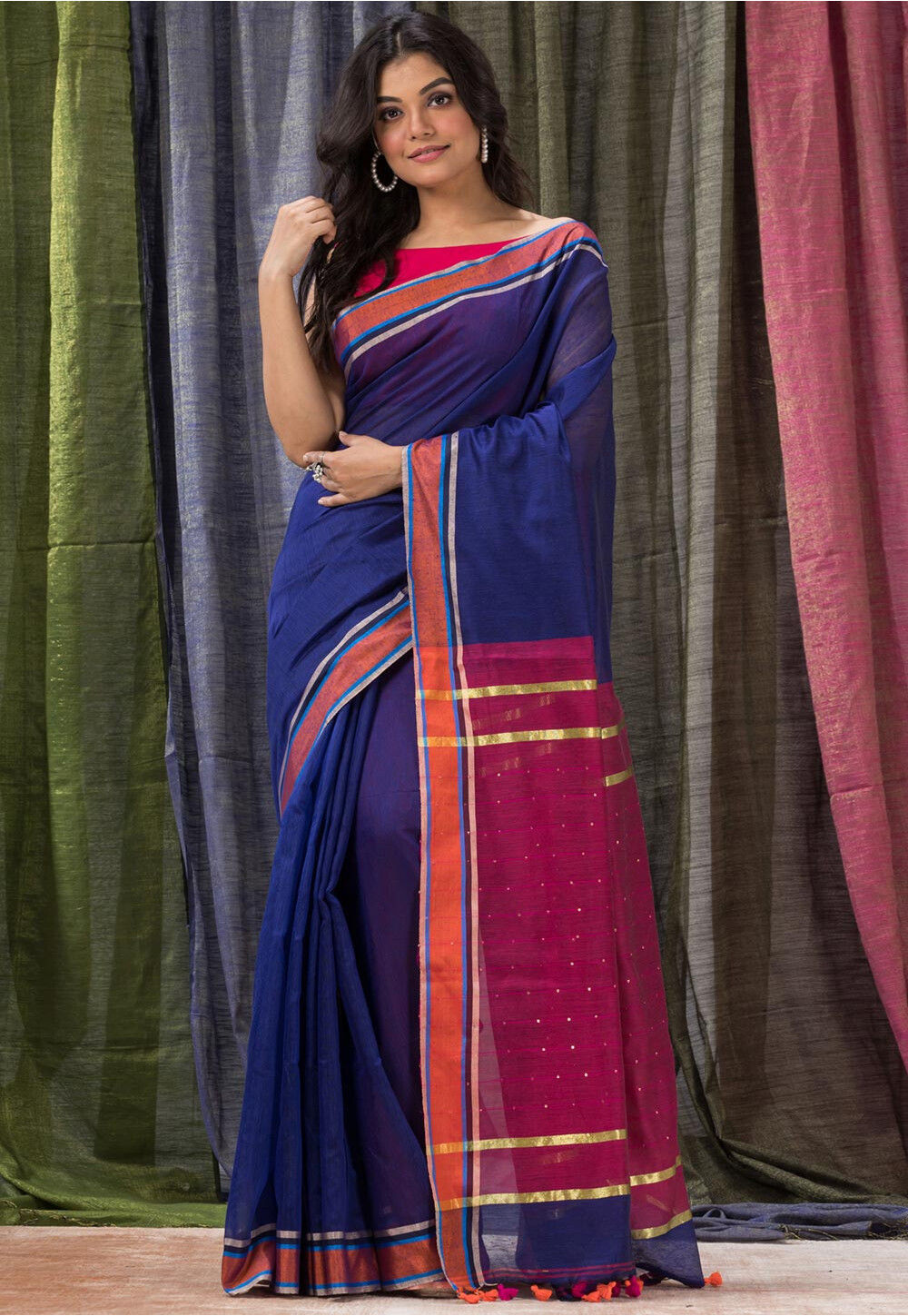 SKY BLUE & ROYAL BLUE DHAKAI JAMDANI Hand Woven Cotton silk Handloom Saree.  - LAA CALCUTTA - 3914557