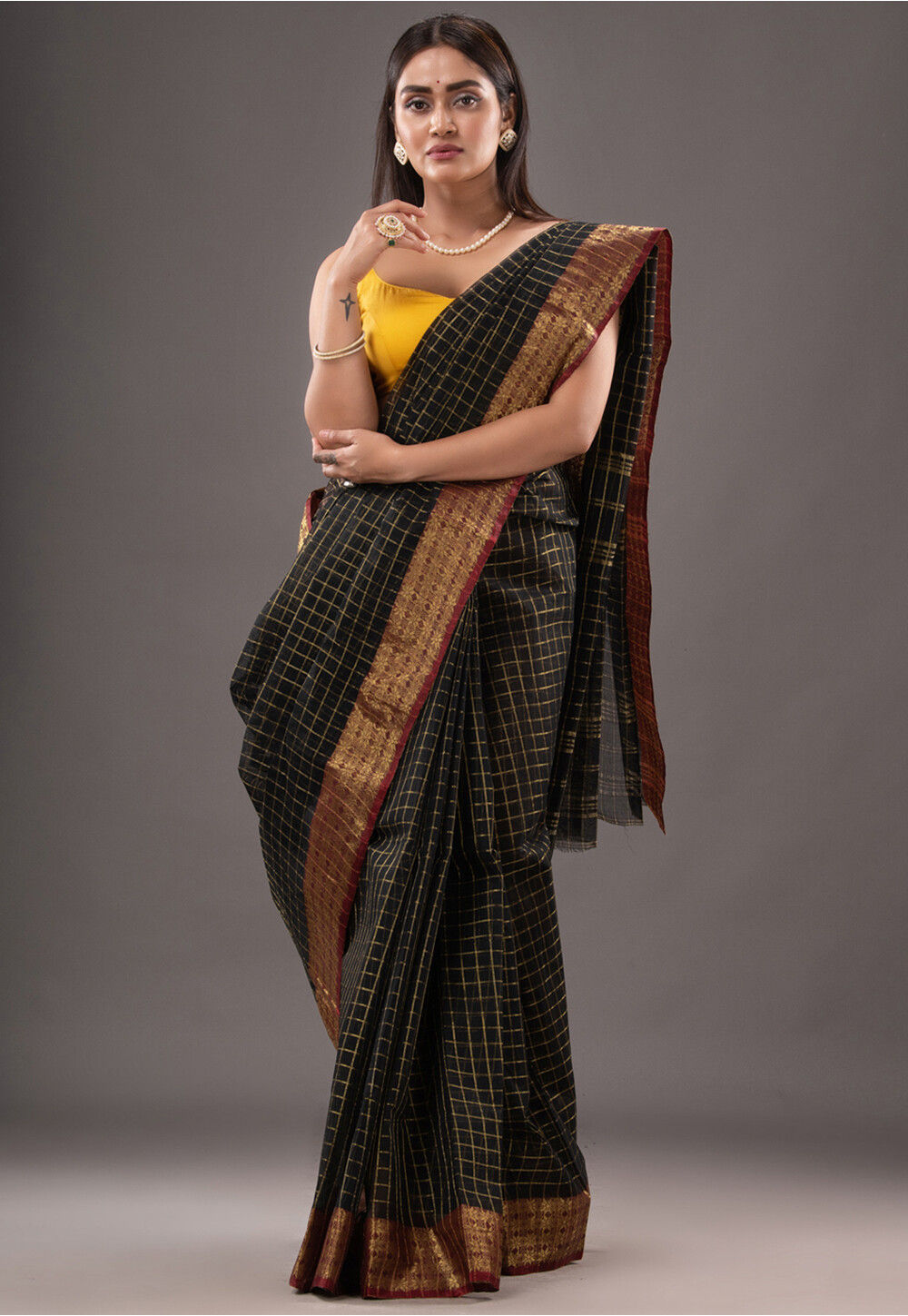 Designer Sitara Work Skirt Border Muslin Silk Saree in Black and Coppe –  Bengal Looms India