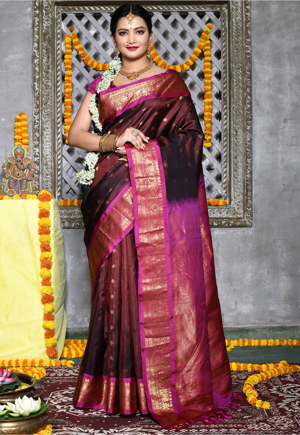 Cream Purple Pure Gadwal Silk Saree | Sakhi Fashions – sakhifashions