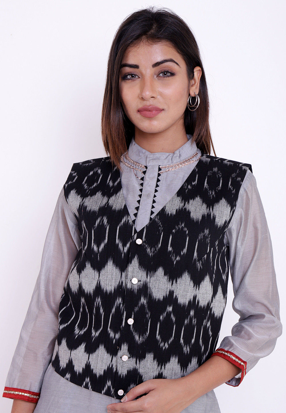 Ikat Woven Cotton Jacket in Black and Grey : TJW1414