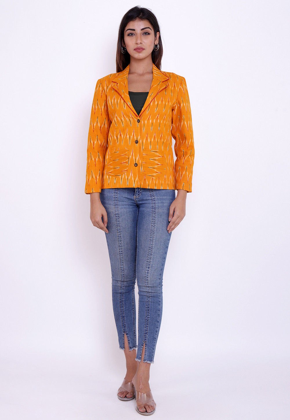 Buy Ikat Woven Cotton Jacket in Mustard Online TJW1412 Utsav Fashion