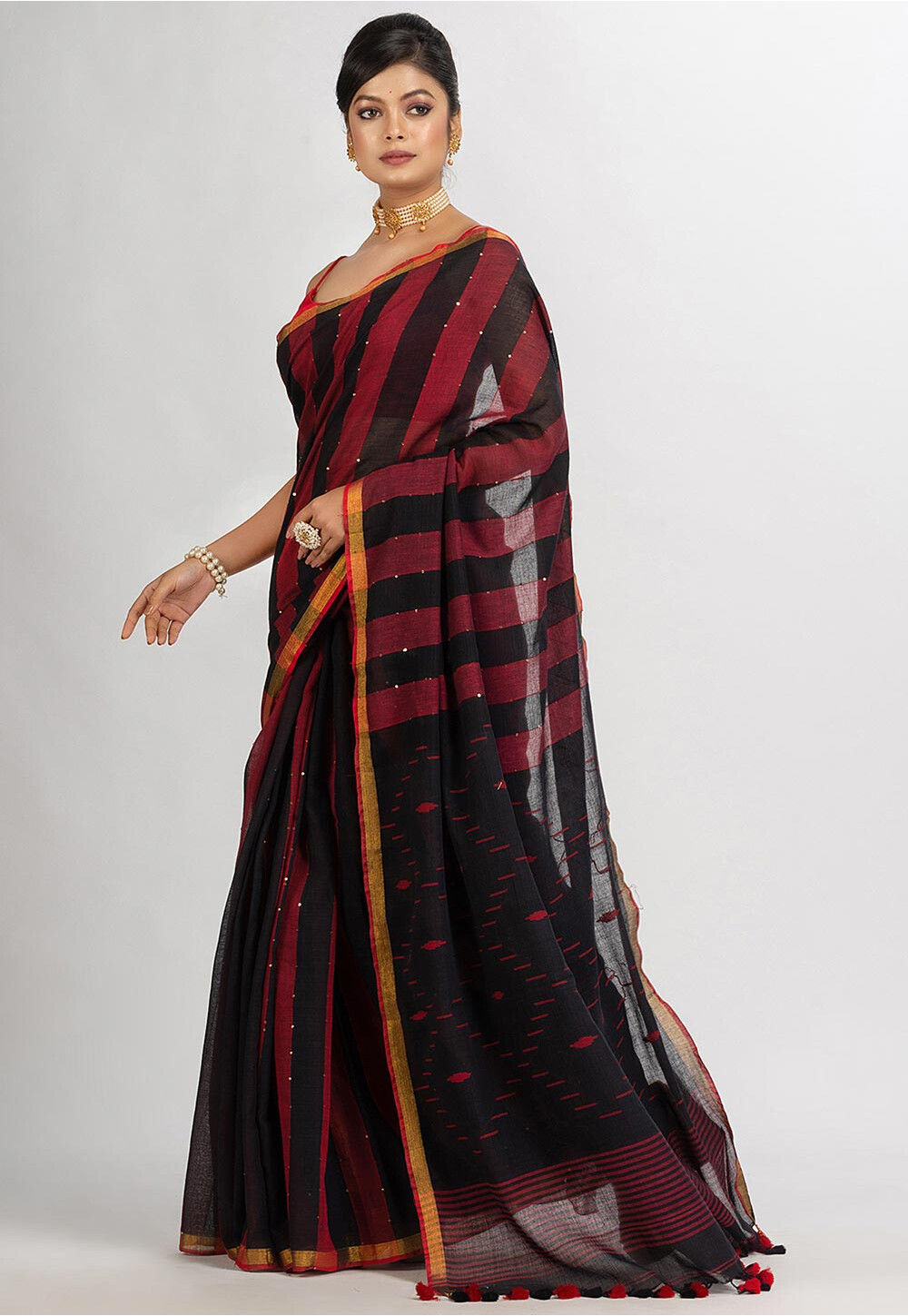 MASSTANI BY INDDUS Black  Red Woven Design Saree main image 1