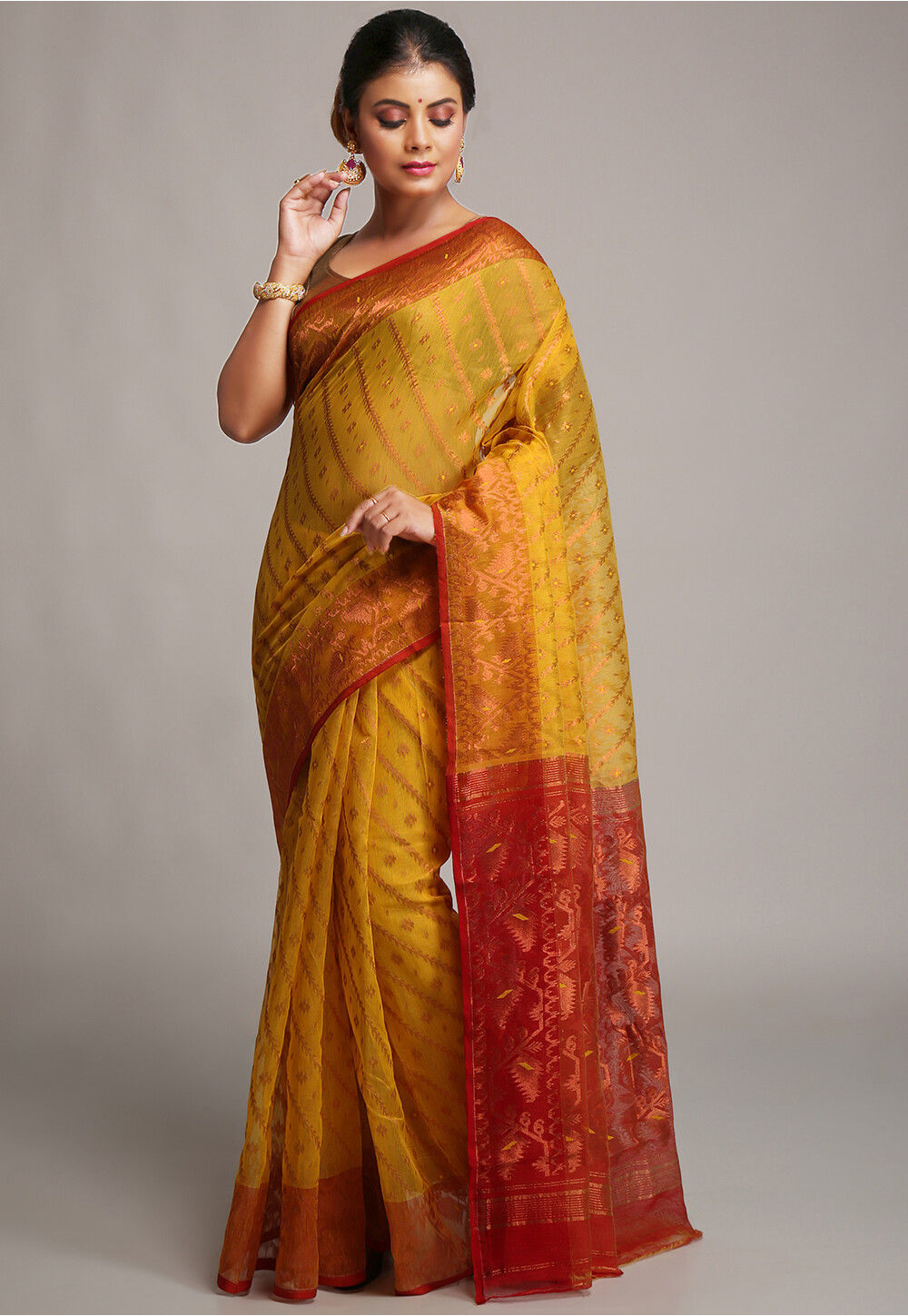 Buy House of Begum Women's Dark Yellow Katan Zari Work Saree with  Unstitched Printed Blouse Online at Best Prices in India - JioMart.