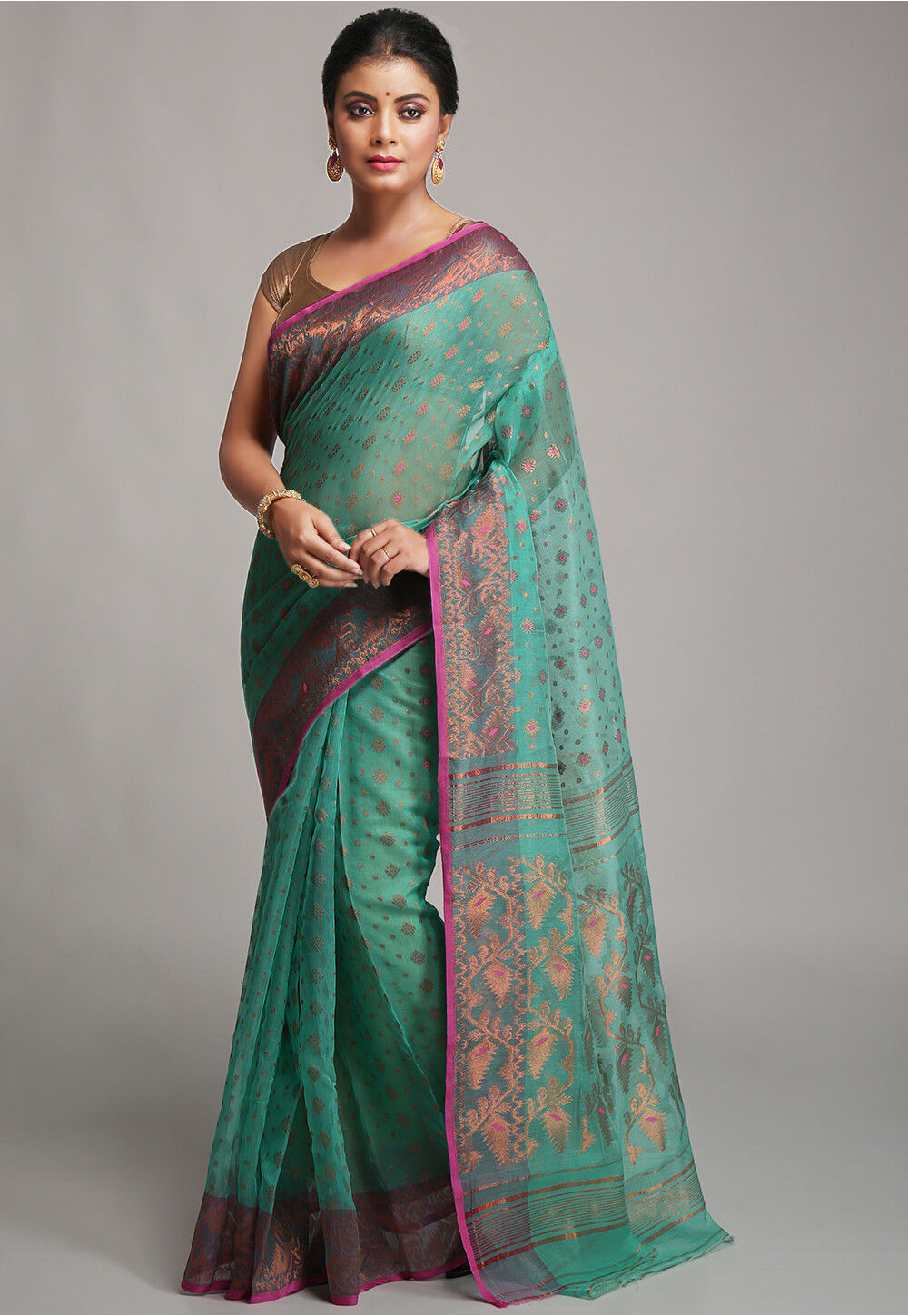 Buy Jamdani Cotton Silk Saree in Sea Green Online SUUA609 Utsav Fashion