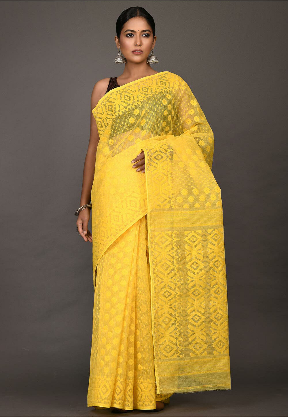 Yellow Dhakai Jamdani Sari - Dhunki fashion