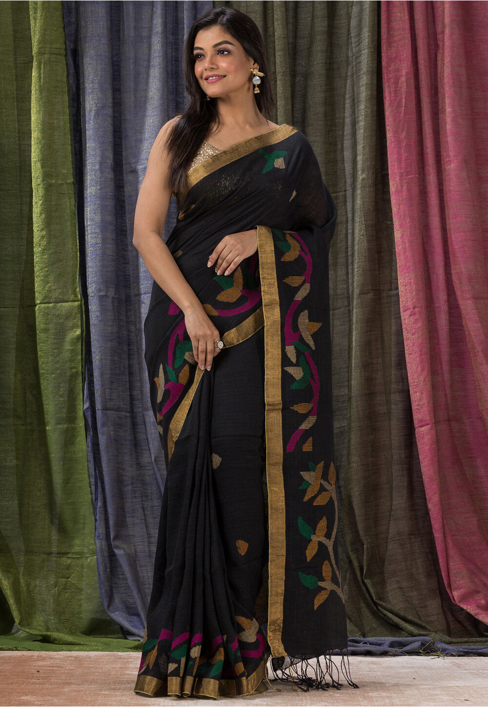 Festive Wear | Pure Linen Saree Jamdani Saree | Yellow | amala earth
