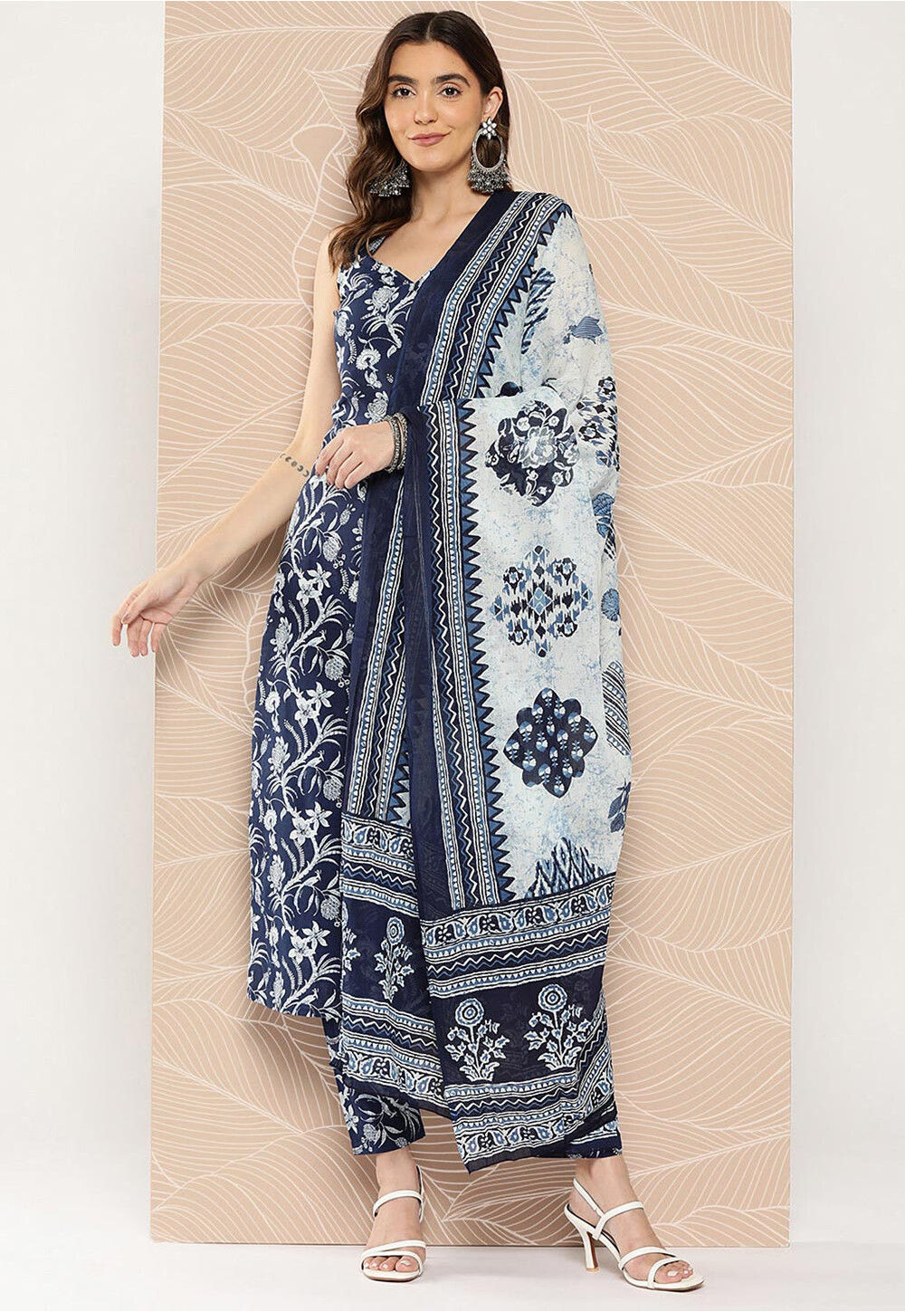 Cream and Pink Cotton Kalamkari Printed & Lace Work Straight Suit