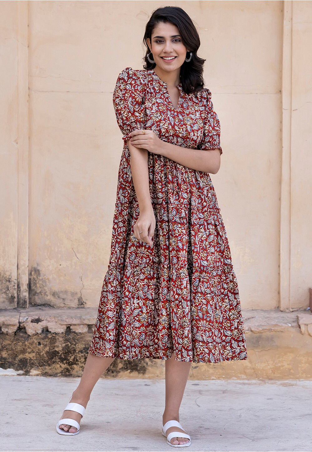 Buy Kalamkari Printed Pure Cotton Tiered Dress in Maroon Online