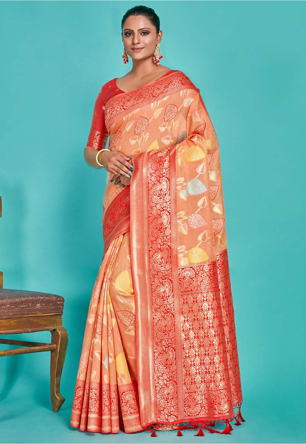 Kanchipuram Art Kanchipuram Linen Silk Saree in Peach SNGA5589