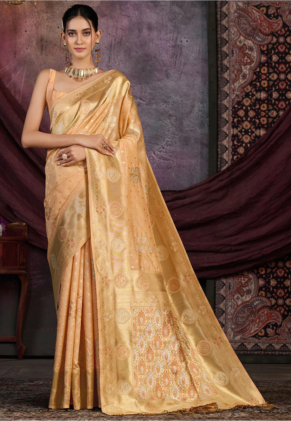 Buy Kanchipuram Saree in Peach Online SNGA5065 Utsav Fashion
