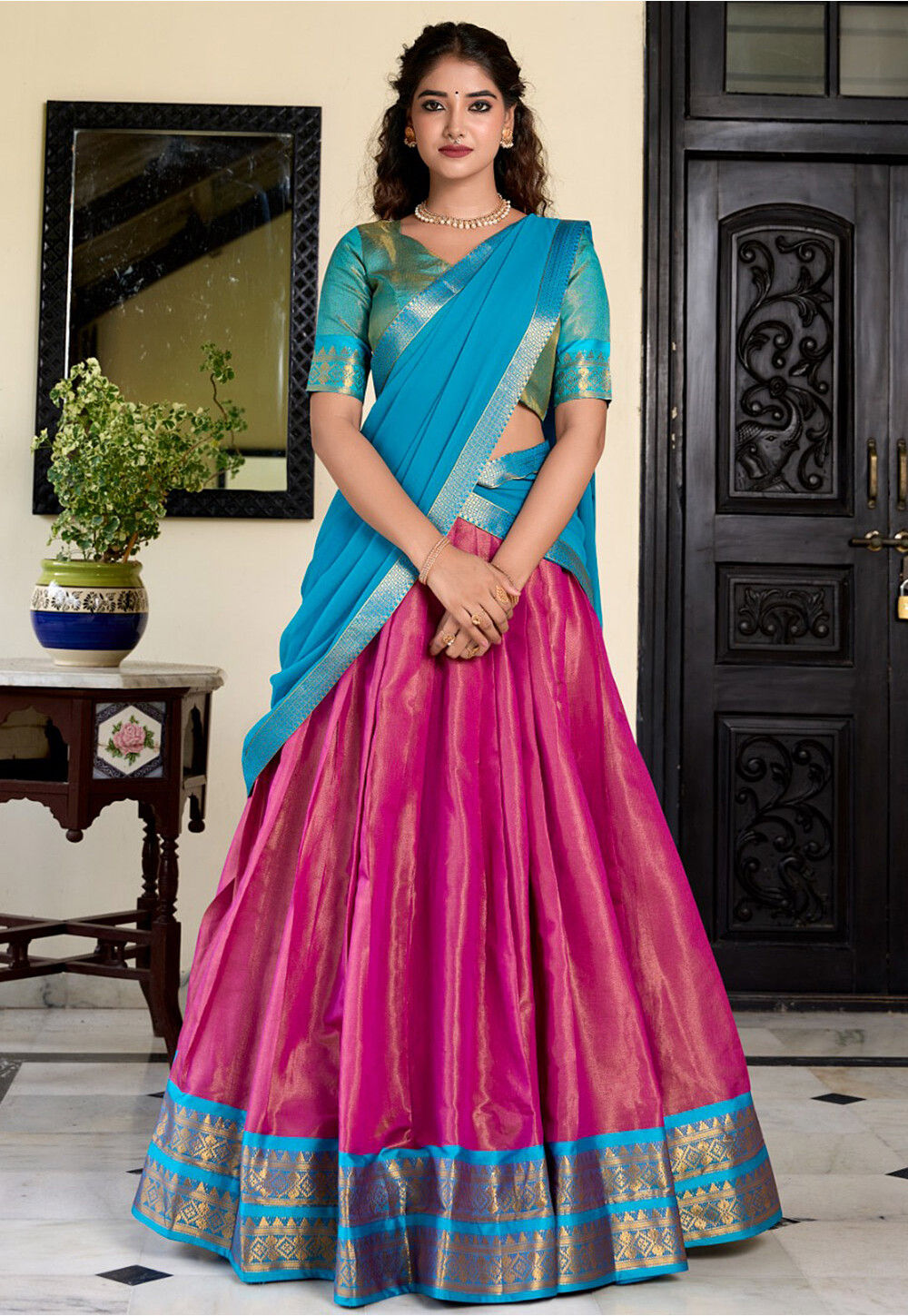 Kanchipuram Orange Trendy Aesthetic Designer Lehenga