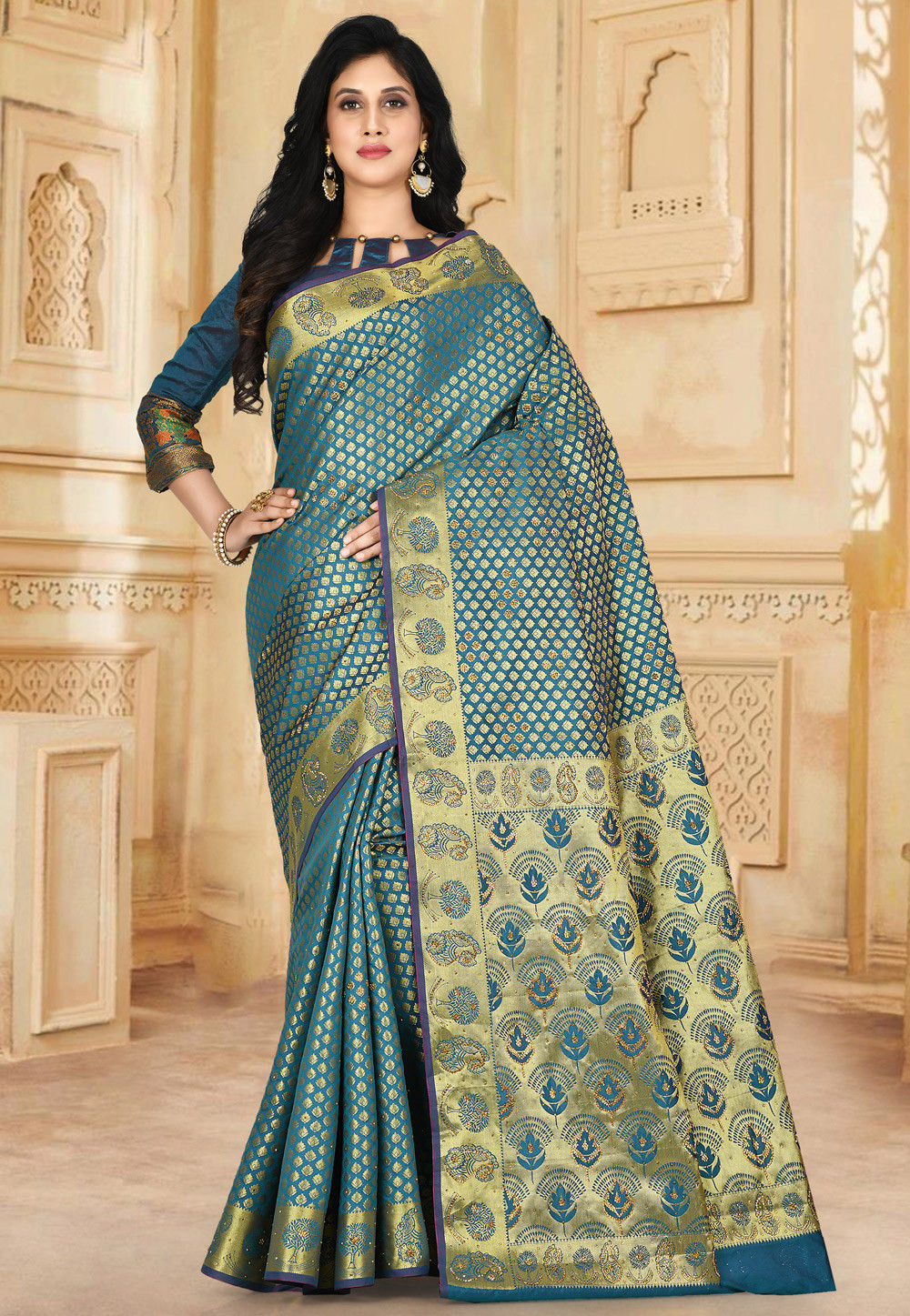 Buy Teal Green Banarasi tussar Silk Saree For Women Online - Frontierraas