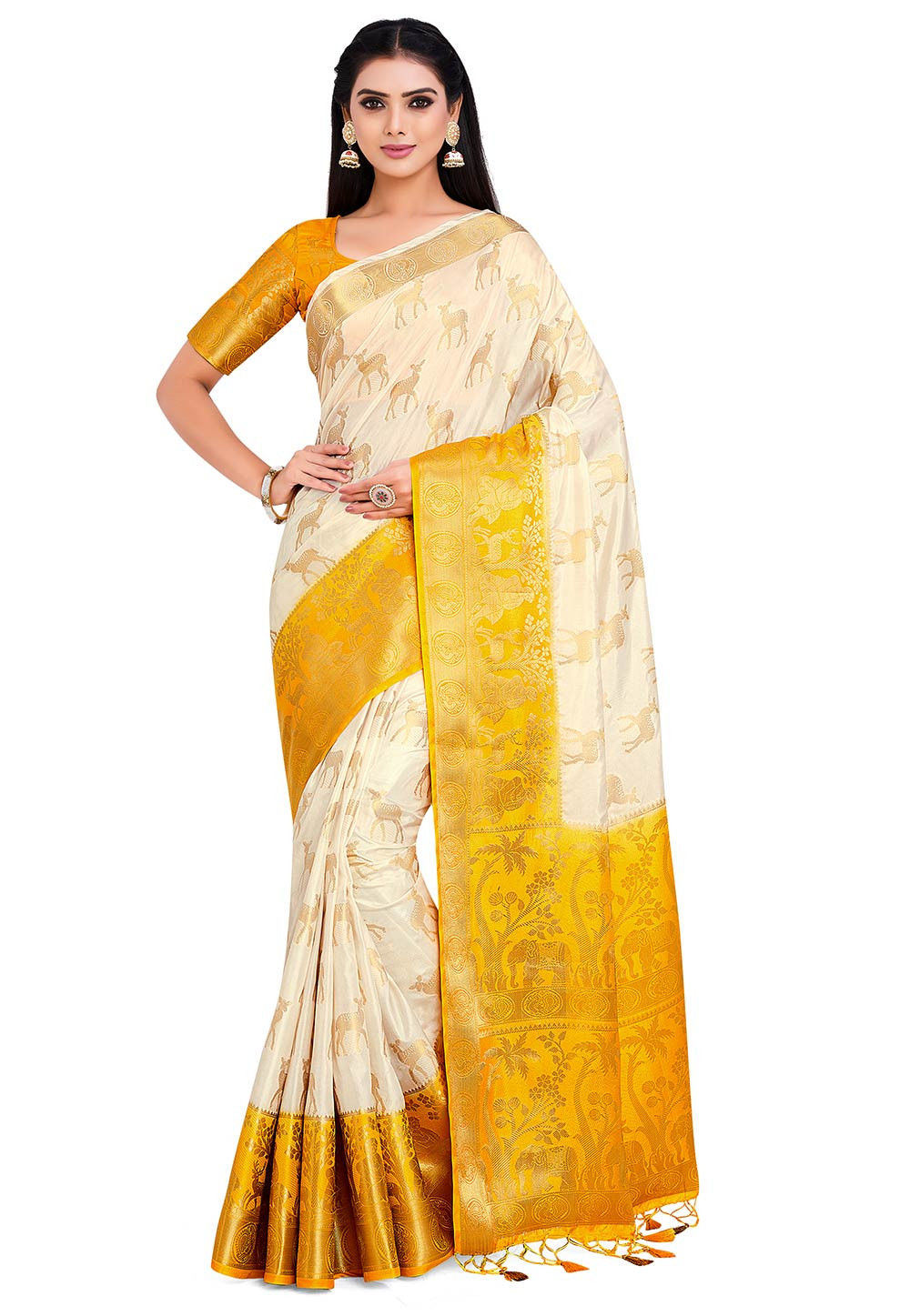 Kanchipuram Saree in Off White and Mustard : SNGA3319