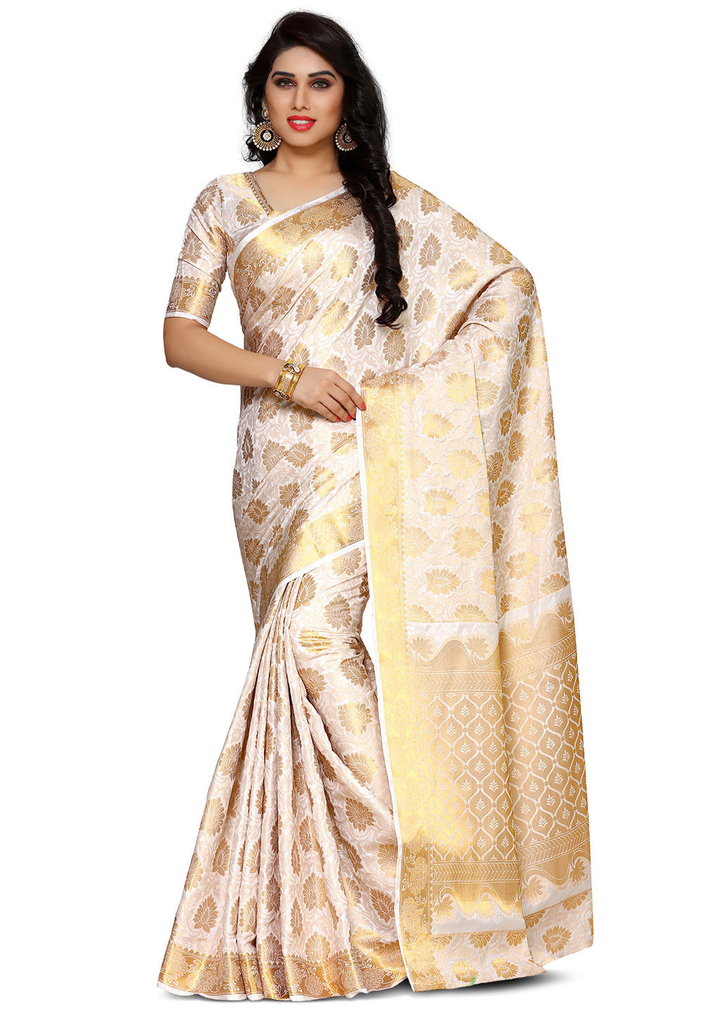 Ivory White Zari Weaving Paithani Silk Saree - Mejaaz Fashion