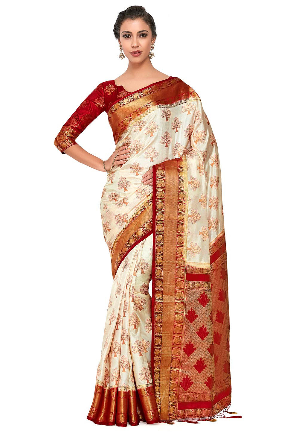 Handwoven Pastel Peach Chiniya Silk Saree with White Zari – Banarasi threads