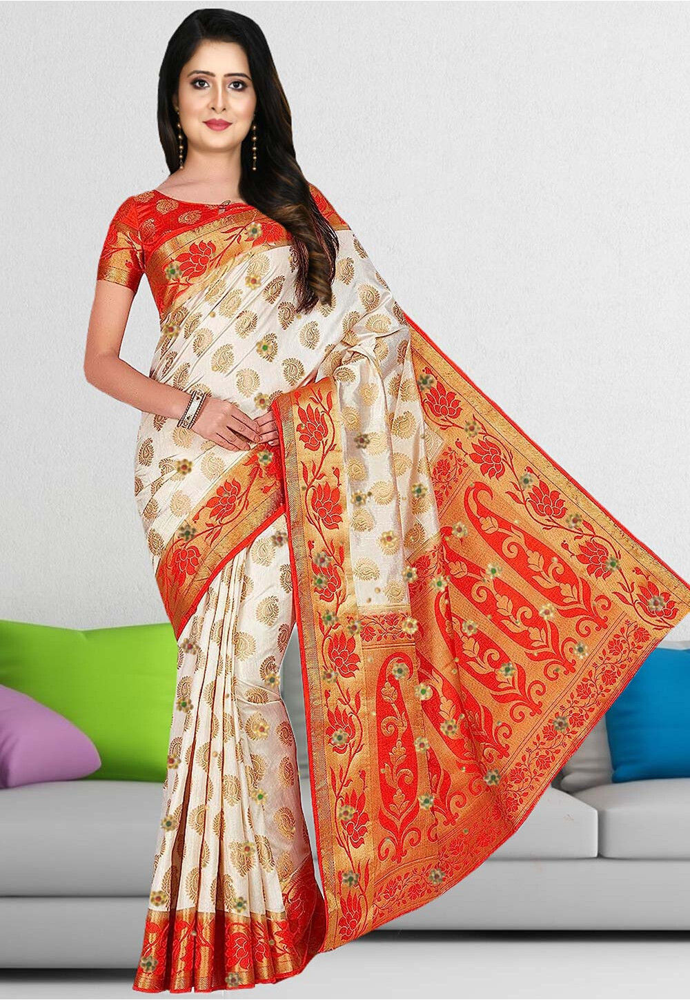 White & Red Ethnic Kanjivaram Silk Saree at Rs 695 in Surat | ID:  14254414912