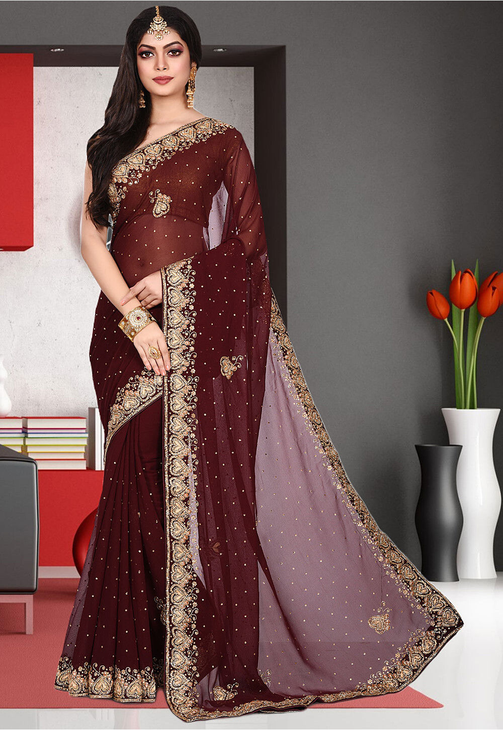 Traditional Beige and Brown color Organza Silk, Silk fabric Saree : 1809276