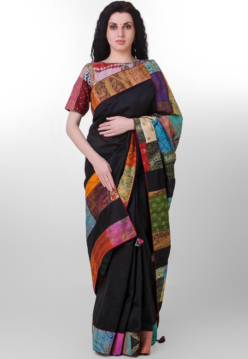 Buy Kantha Pure Dupion Silk Saree in Black Online : SXTA3165 - Utsav ...