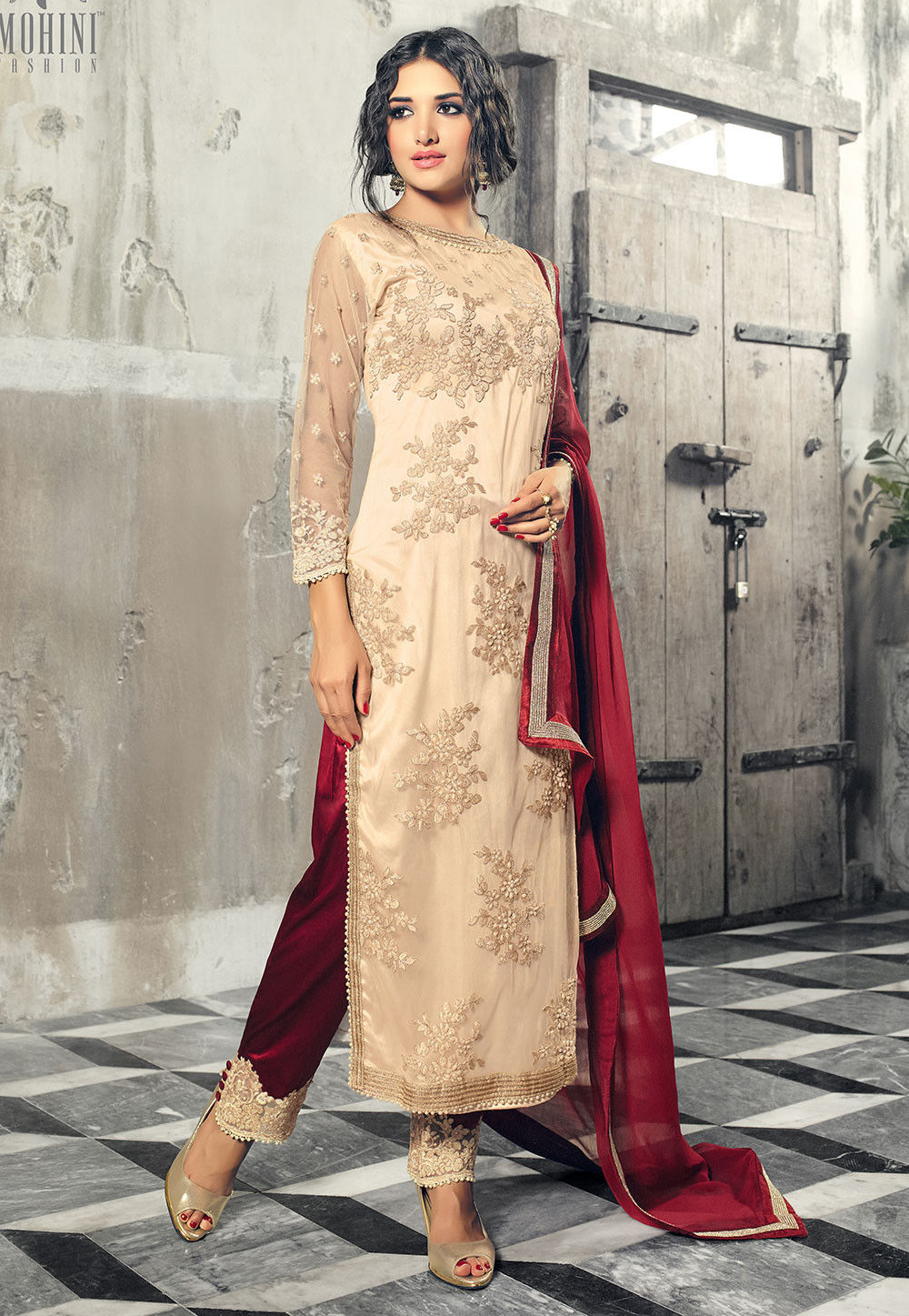 Embroidered Net Pakistani Suit in Maroon : KCH3930