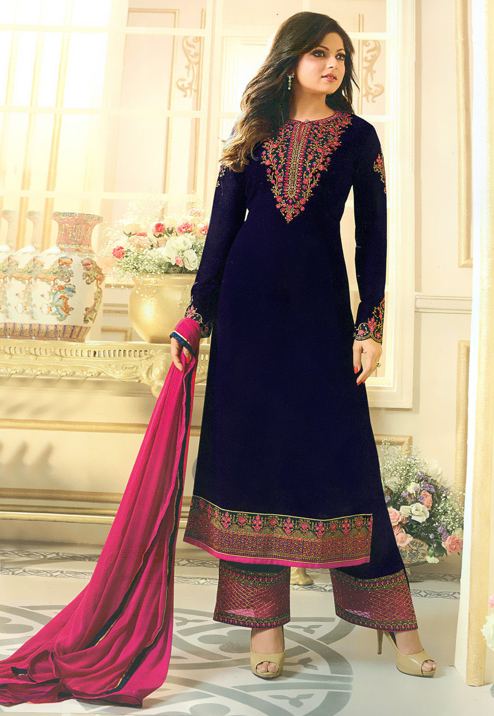Embroidered Georgette Pakistani Suit In Navy Blue Kch778 