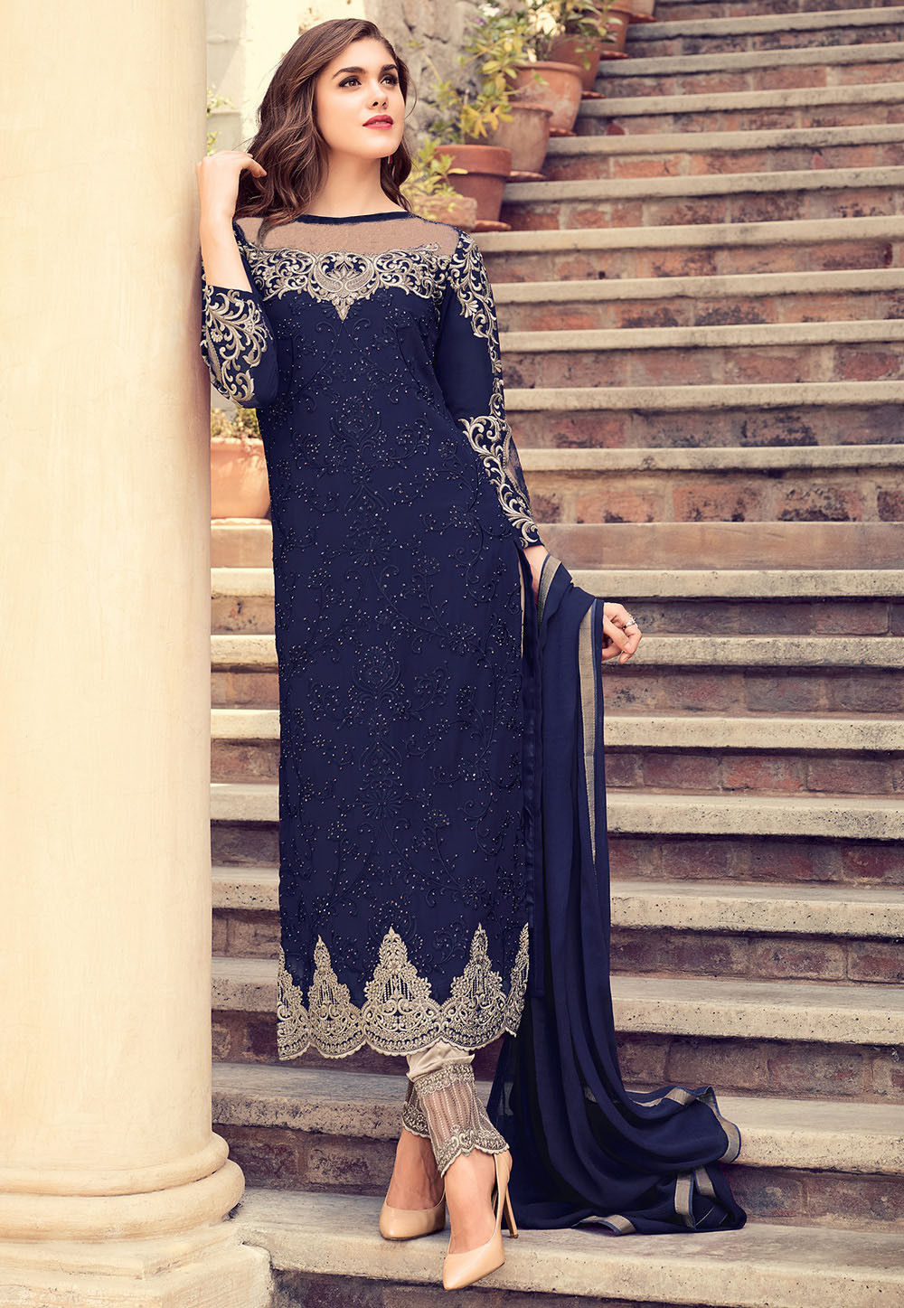 Embroidered Georgette Pakistani Suit In Navy Blue Kch849