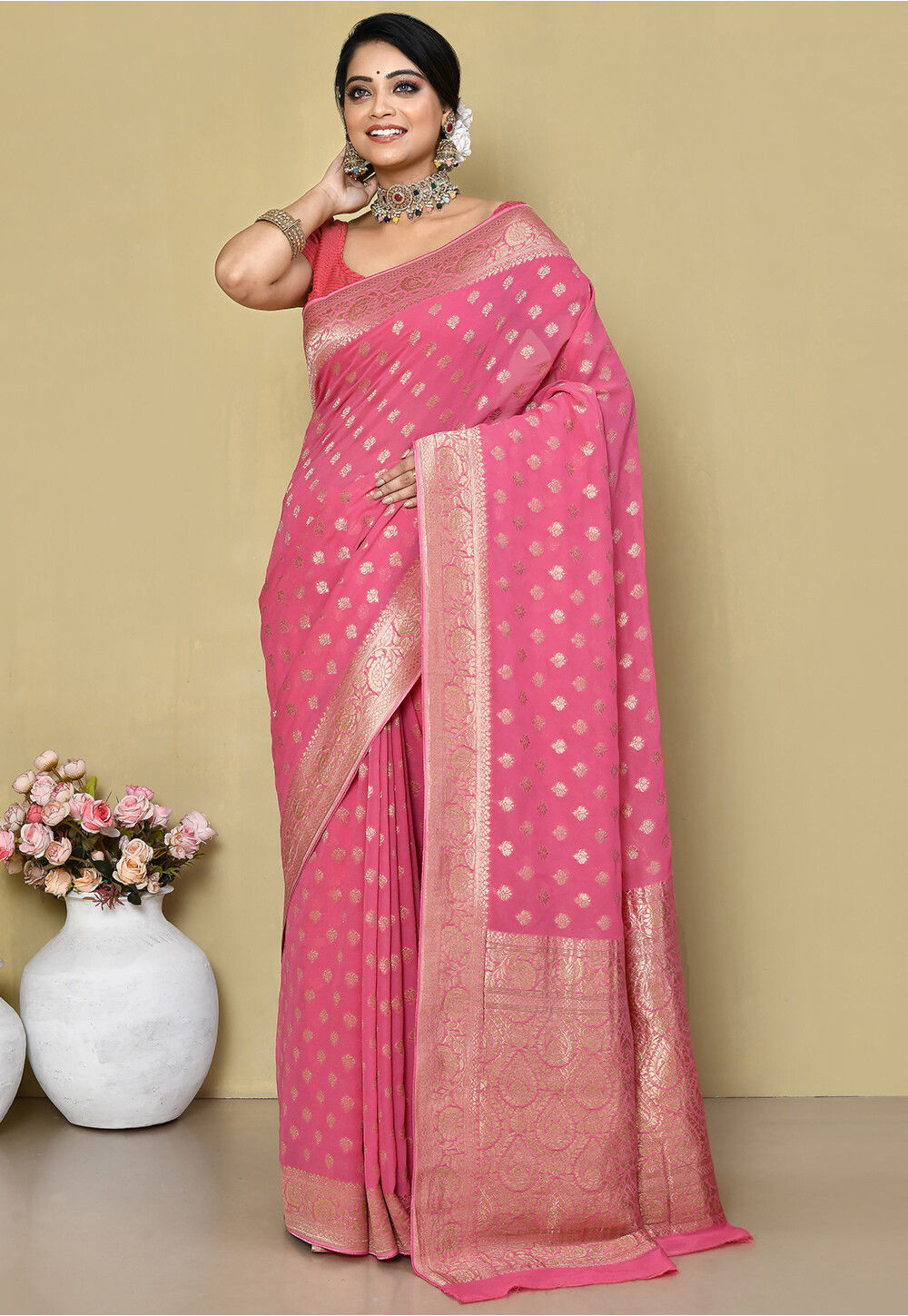 Pink Khadi Chiffon Saree For Wedding