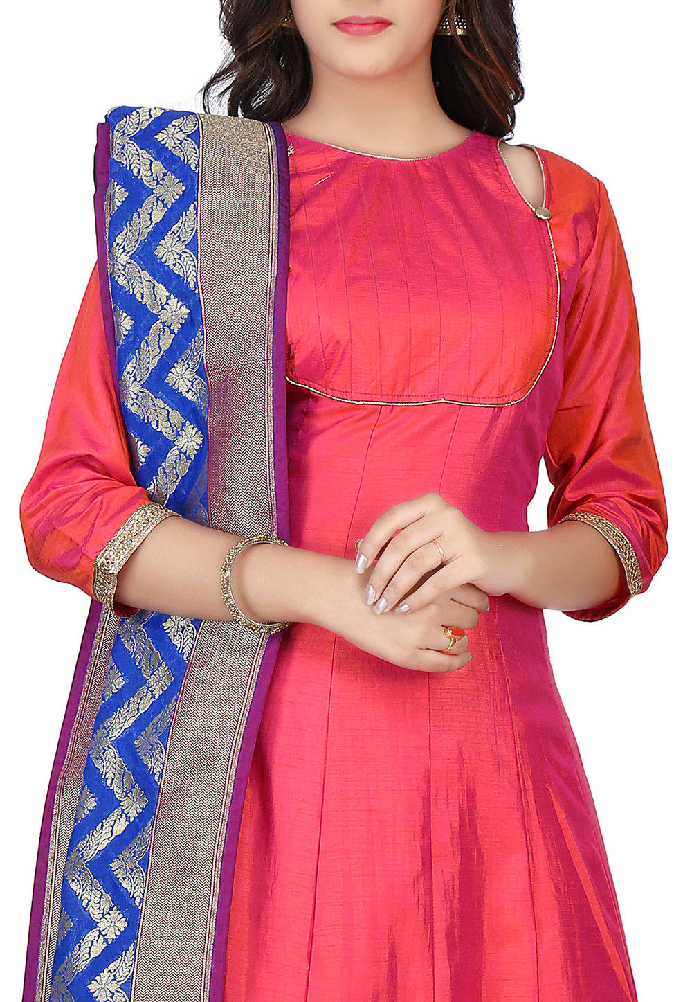 Buy Banarasi Silk Anarkali Suit in Coral Online : KJN2077 - Utsav Fashion