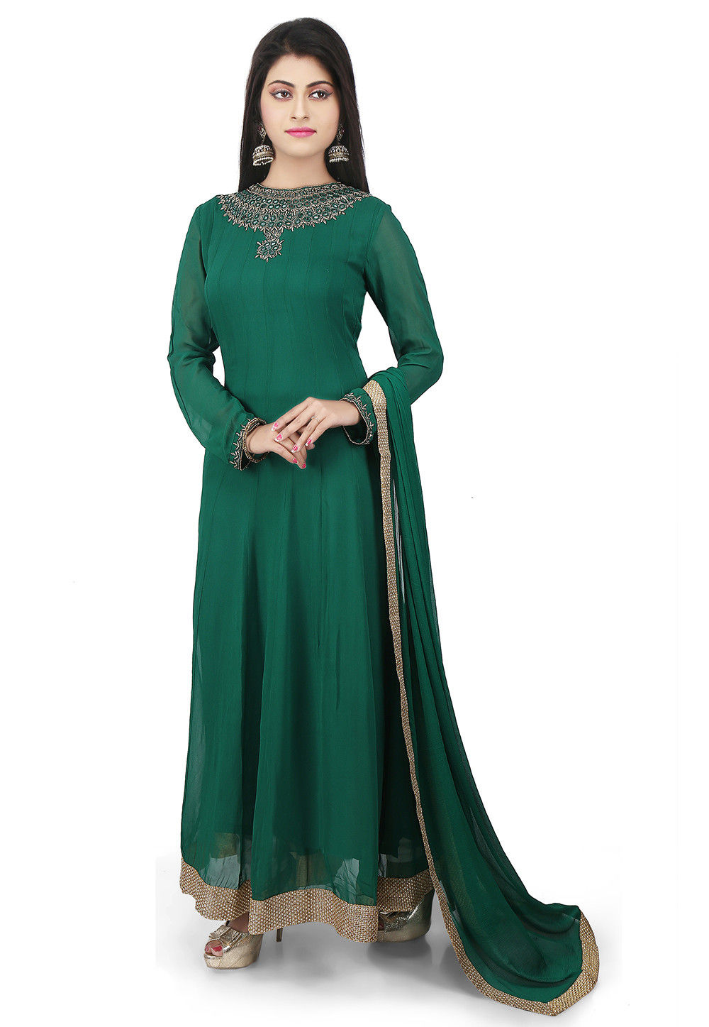 Plain Georgette Abaya Style Suit in Green : KJN2280