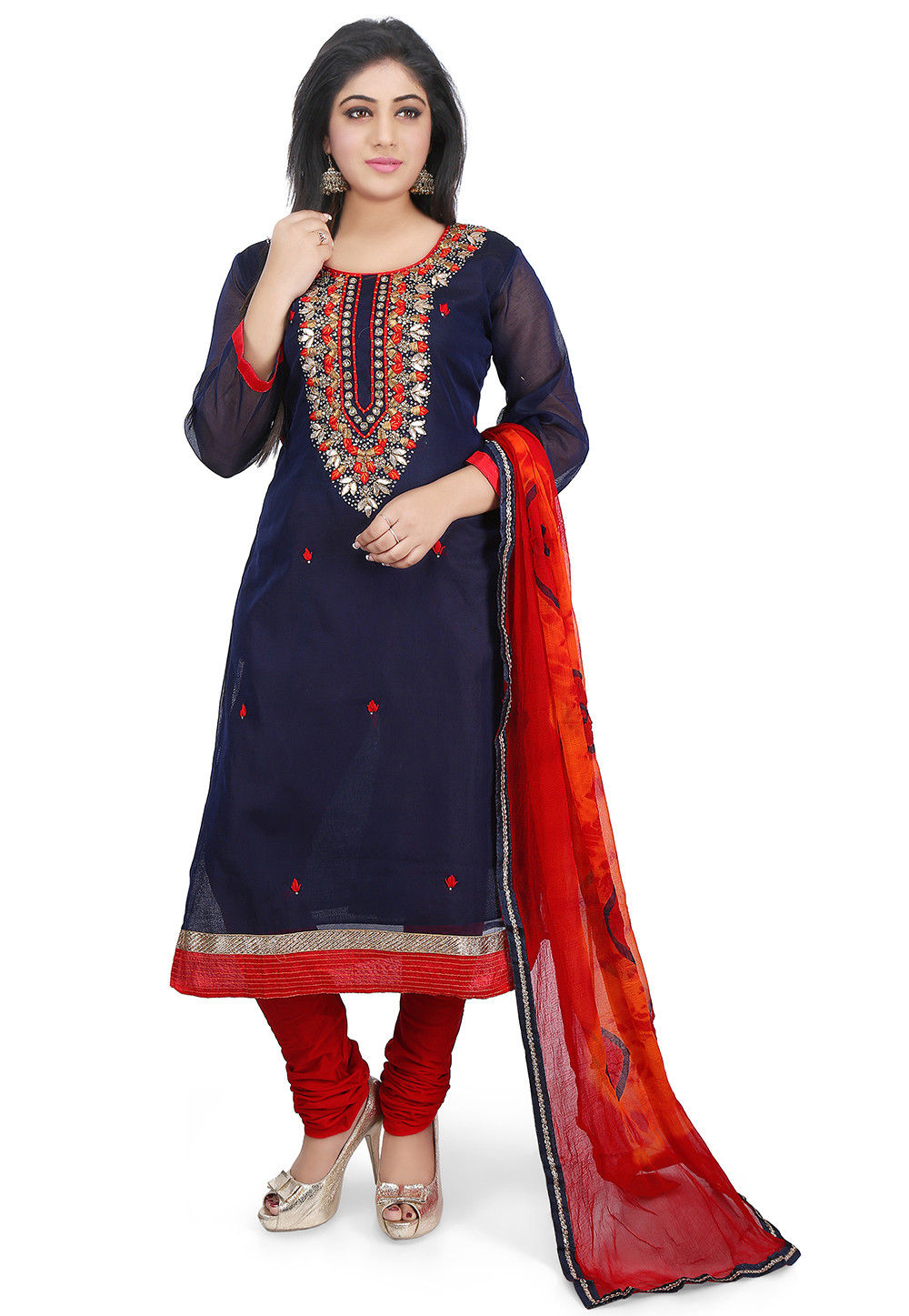 Black Ethnic Embroidered Chanderi Cotton Straight Suits Set With Dupatta main image 0