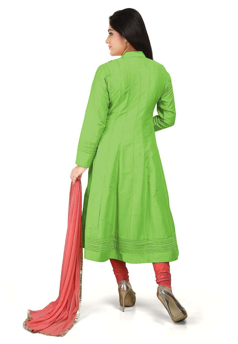 lime green cotton anarkali suit set